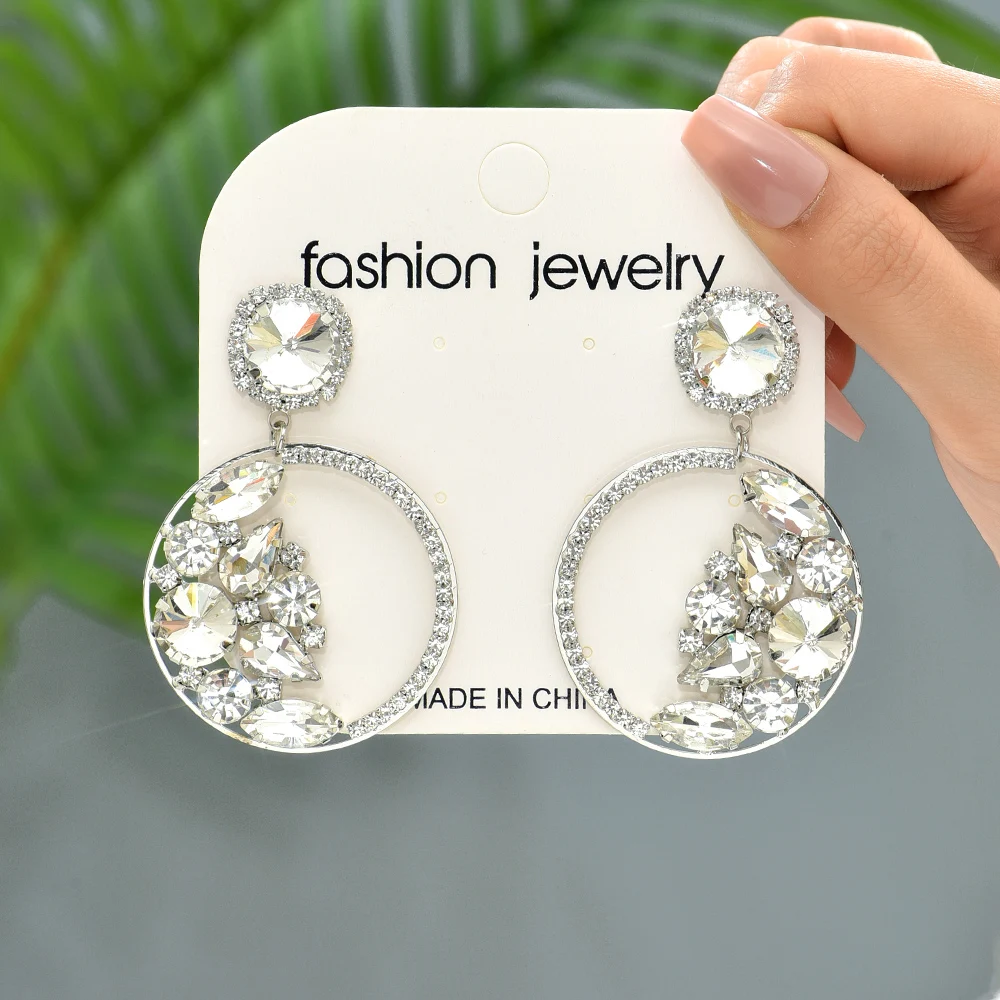 Fashion Rhinestone Hoop Dangle Earrings For Women Trend Luxury High Quality Round Big Pendants Vintage Jewelry Party Accessories
