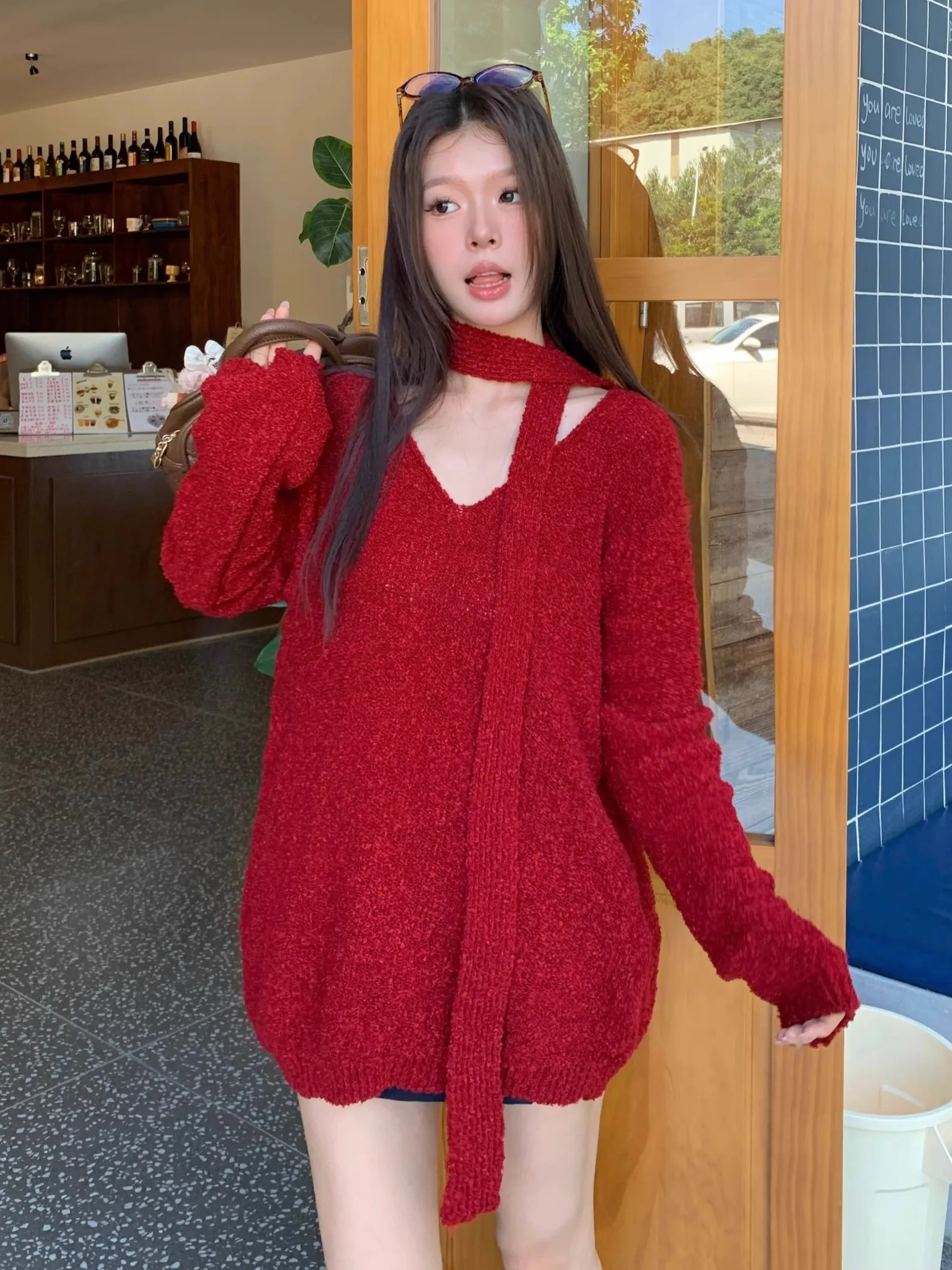 루즈핏 레드 니트 스웨터, 스카프 포함, 가을 겨울용 따뜻한 V넥 롱 스웨터, 여성용 상의