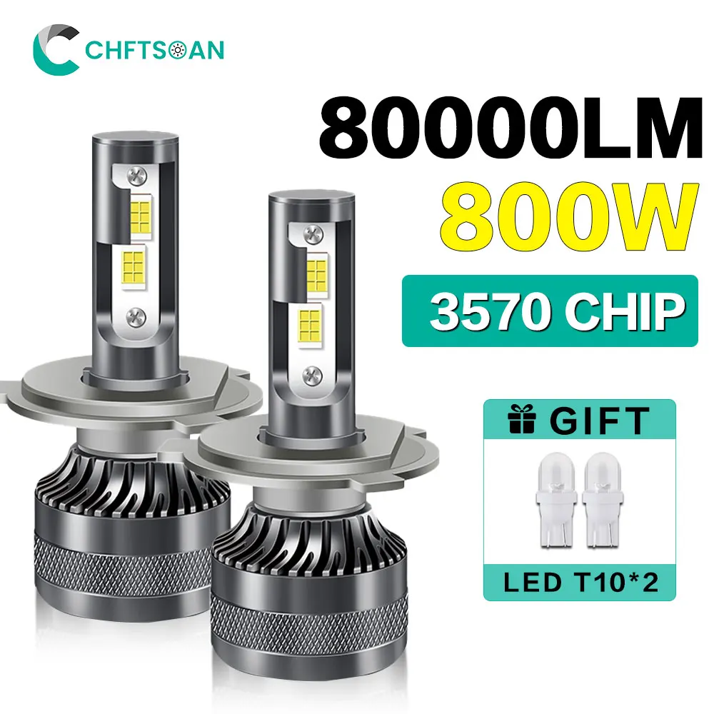 

Chftsoan H4 H7 Canbus Led Headlight 3570 Chip 800W 80000LM High Power Car Headlight Bulb H1 H11 9005 9006 6000K Fog Headlamp 32V