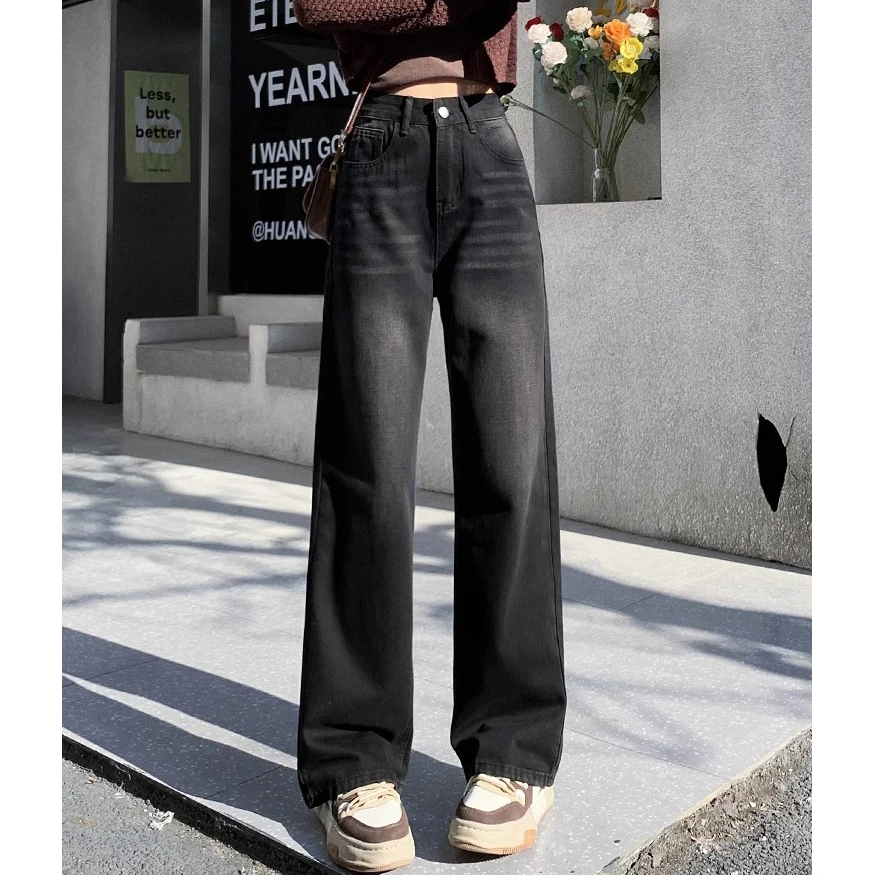 Black and grey wide-legged jeans female 2024 spring and autumn new small high-waisted loose leisure straight drag trousers