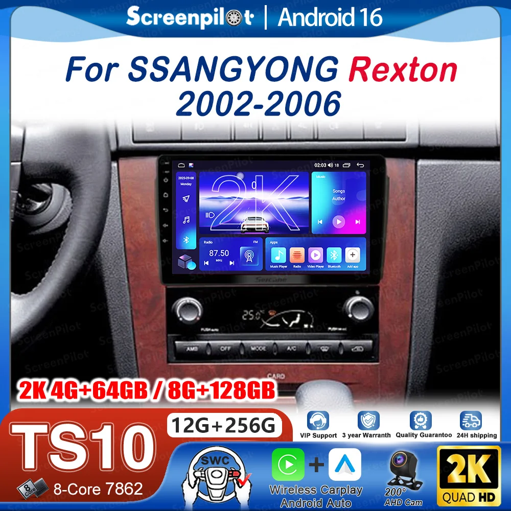 Android 16 Car Radio Stereo Head Unit For SSANGYONG Rexton 2002-2006 Multimedia Video Player GPS Navigation QLED Touch Screen