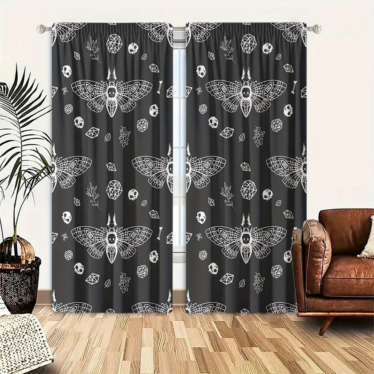 Gothic Death Moth Skull Curtain 2 Panels,White Line Moth Crystal Bone Leaf Dark Black Print,Drapes for Bedroom Gothic Home Decor