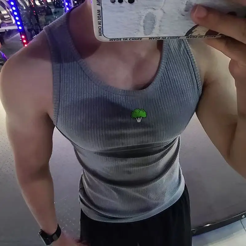 GYM VEST American Summer Knit Ice Silk Ribbed Fitness Sports Leisure Slim Men's Vest Men's I-back Solid Color Sleeveless Vest 6