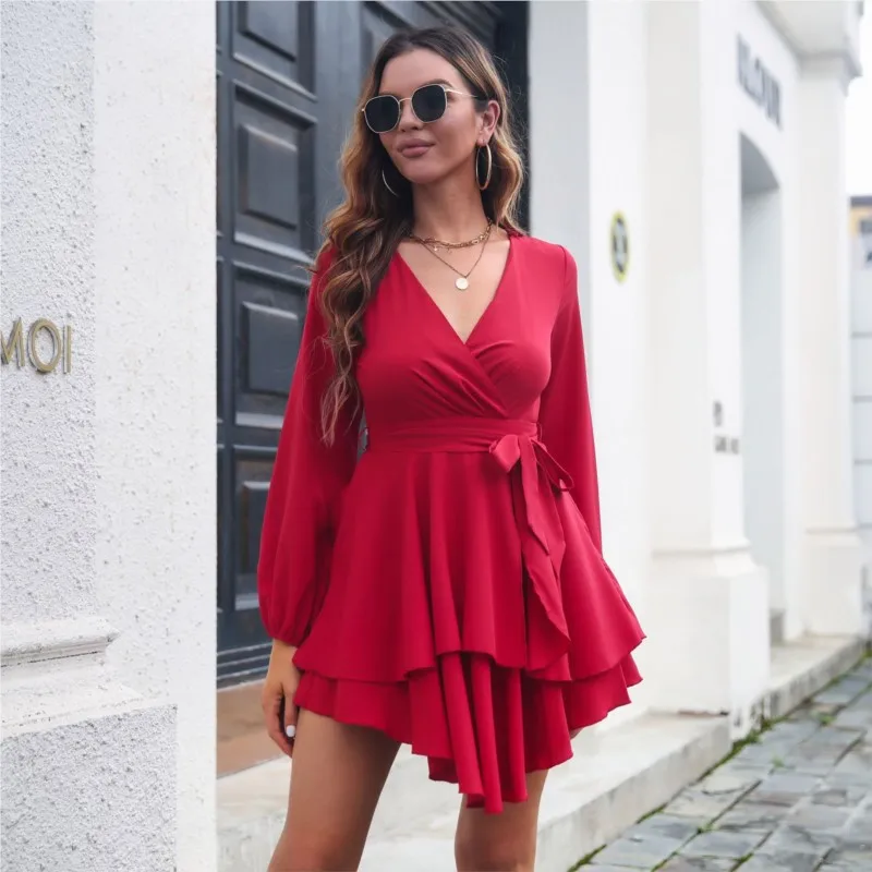 Sexy decote em v cintura cinched rendas até em camadas plissado borda vestido de manga comprida para primavera outono feminino elegante saia curta