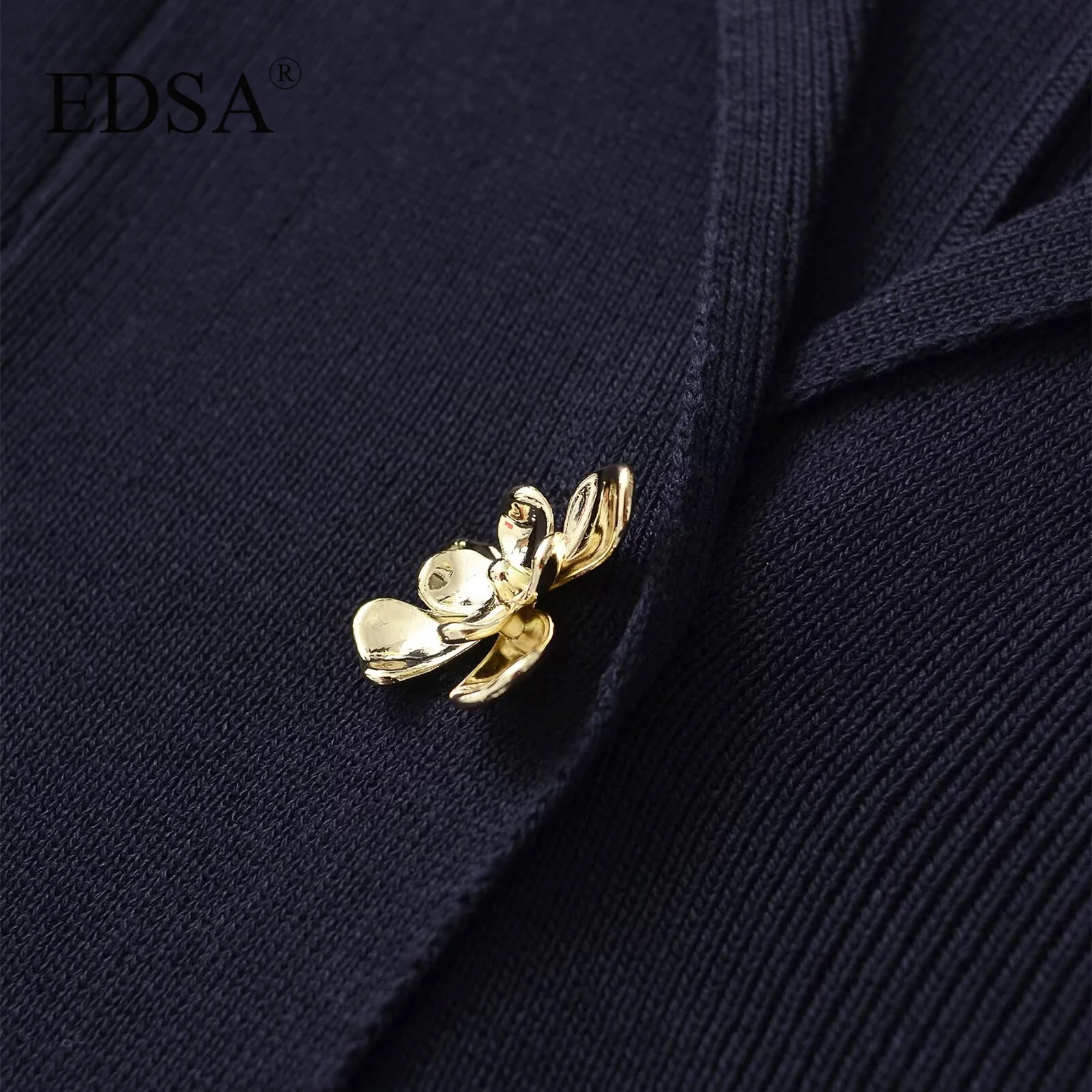 EDSA Women Knitted Blazer with Flower Buttons Jacket with Lapel Collar Long Sleeves for Female Autumn