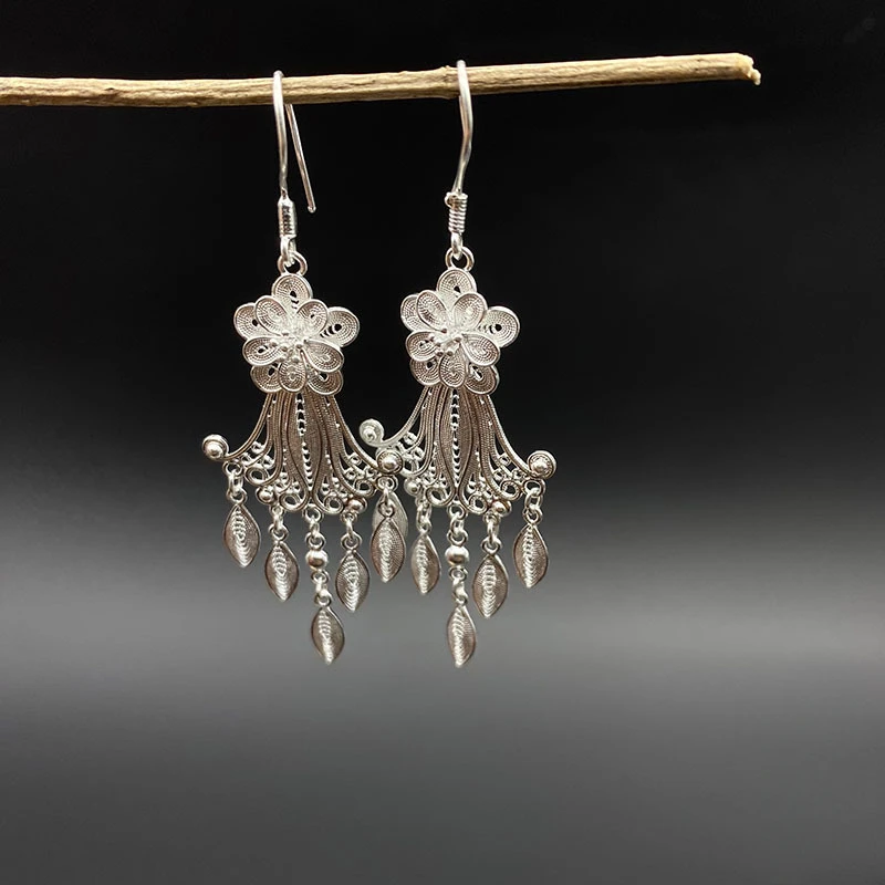Ethnic Style Pure Handmade Silver Gold-plated Hollow Flower Long Tassel Women's Earrings Selected Vintage Jewelry Gift