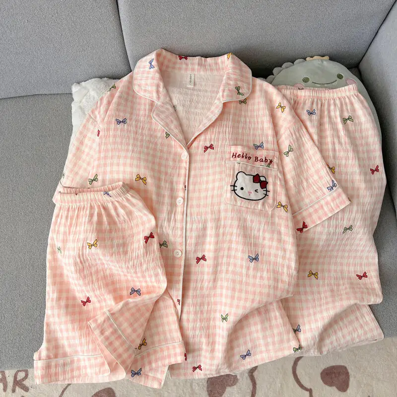 Hello Kitty Women's Pajamas Three-Piece Short-Sleeved Suit with Chest Pad Shorts Comfortable Home Clothes Can Be Worn Outside view 4
