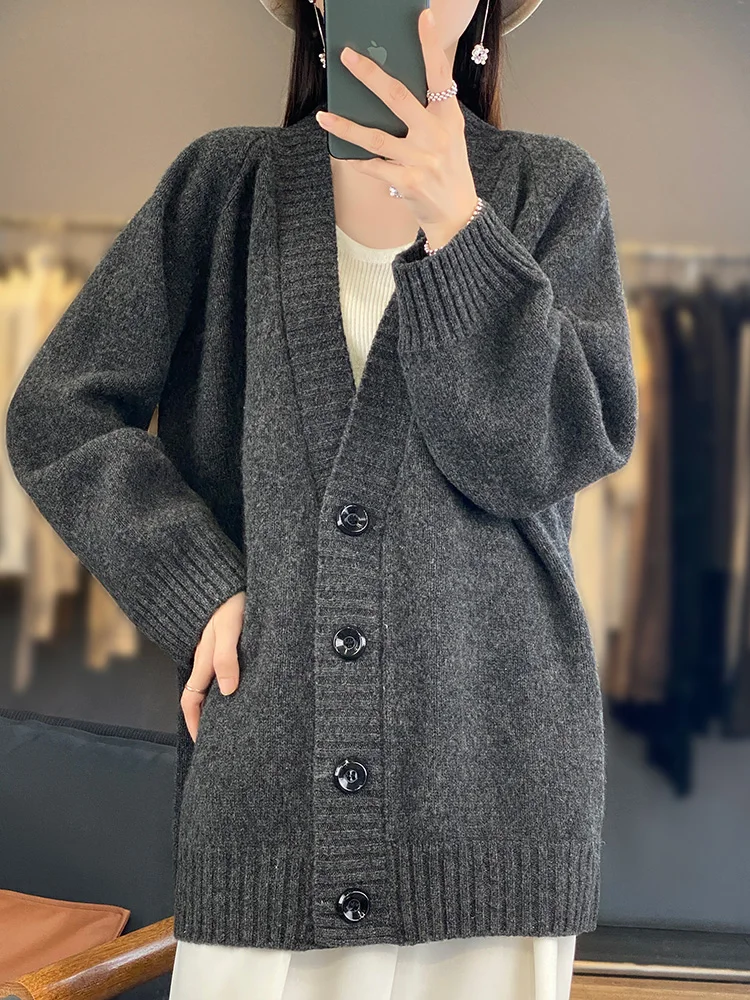 

Light Luxury 100% Merino Wool Women Sweater Autumn Winter V-Neck Knitted Cardigan Long Sleeve Clothing Tops Solid Soft Outerwear