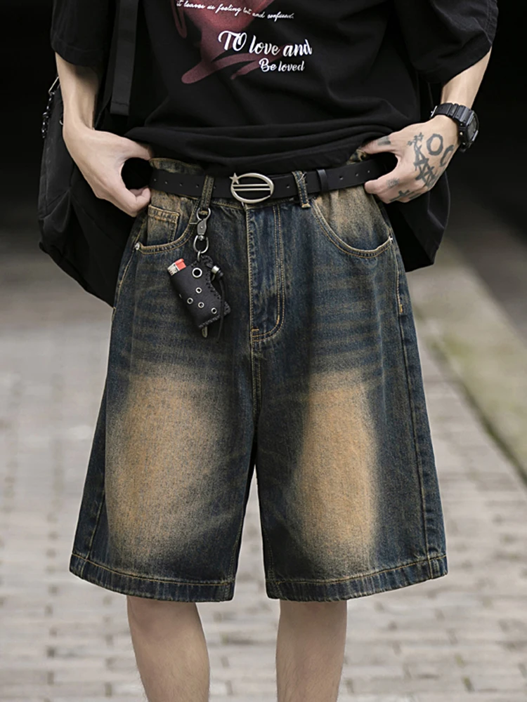 

Retro Blue Denim ort Pants Men's Summer Waed Vintage American High Street Heavyweight Slimming Five-Quarter Mid-Pants