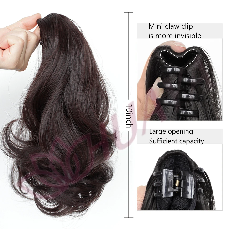 Extensión de Cola de Caballo Corta Rizada Sintética de 10 Pulgadas con Clip de Cangrejo, para Mujer, Negro y Castaño 4