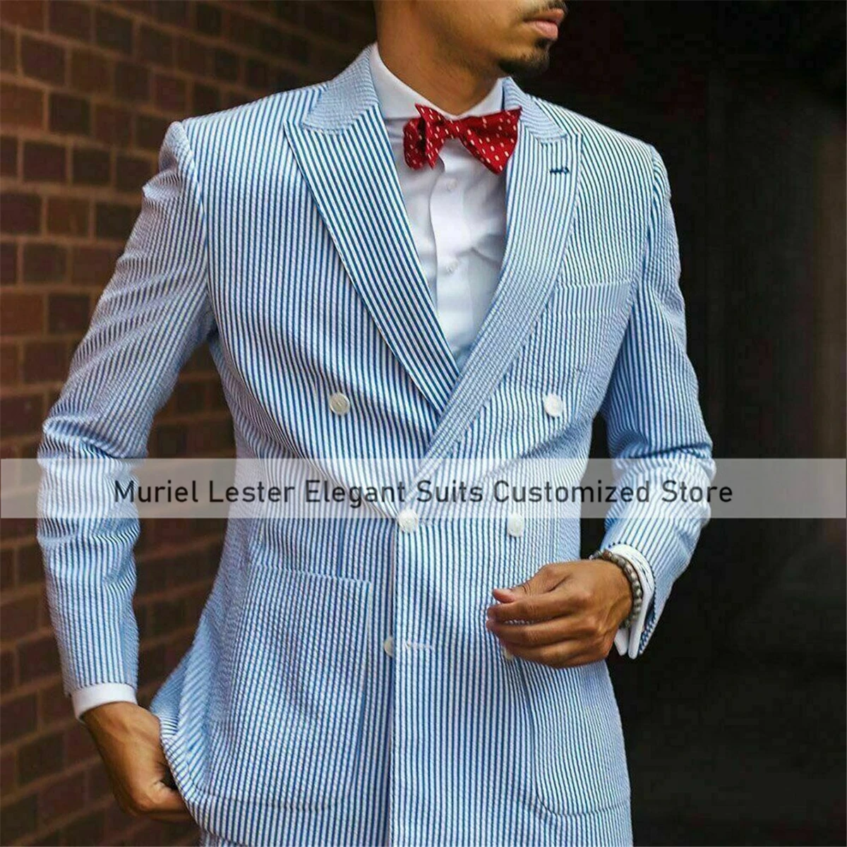 

Spring/Summer Suits Men White/Blue Seersucker Stripe Double Breasted Jacket&Pants 2 Pieces Business Party Dresses Customized