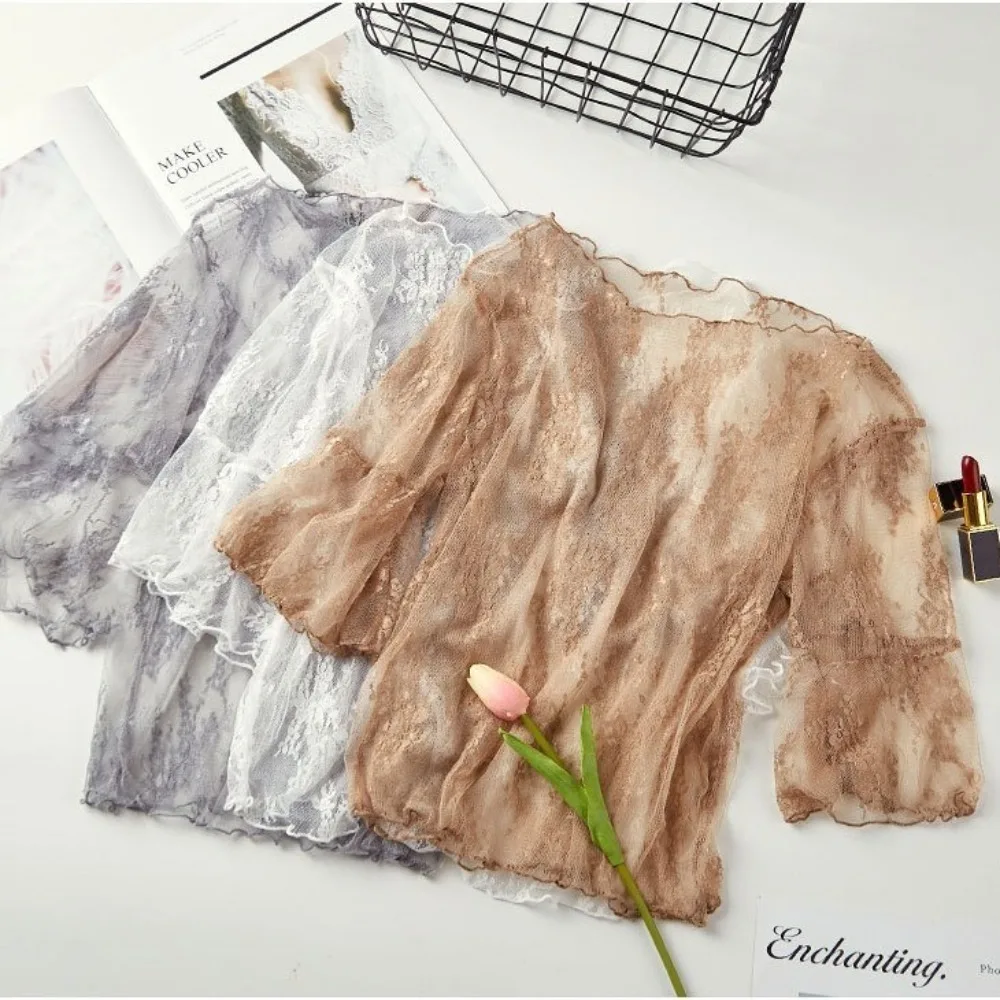 Fashion Sexy Chiffon with Hollow Out Lace Backing Shirt See Through Short Sleeve Half Sleeve Blouse Mesh Top Ladies