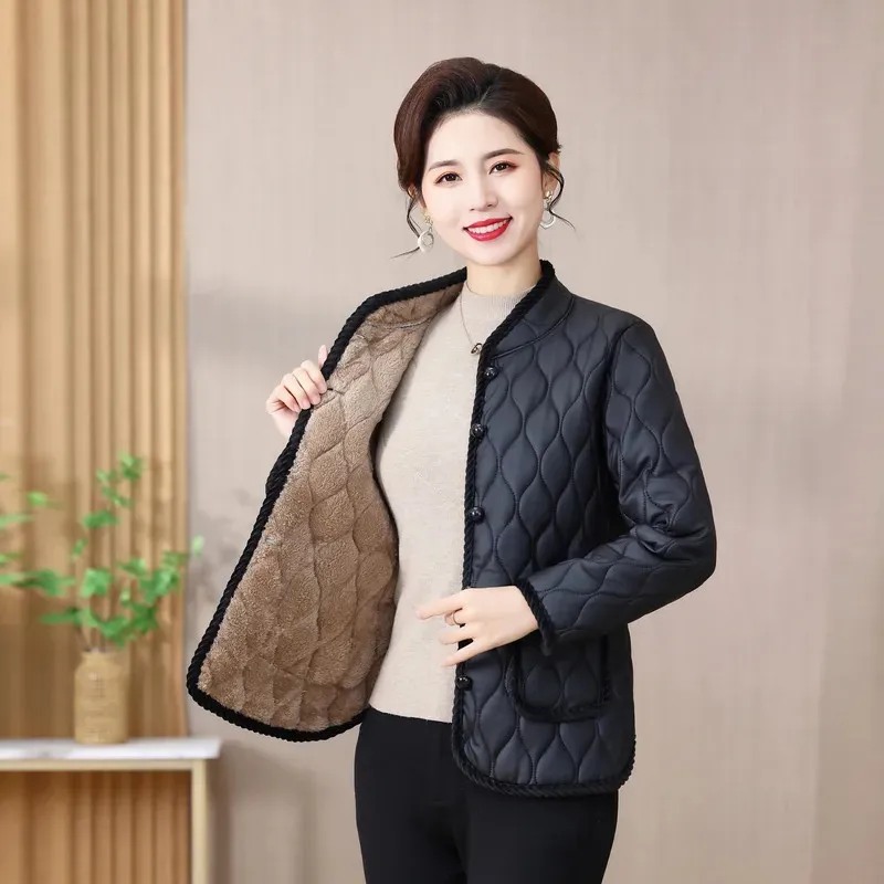 2024 NEW Added Plush Autumn Winter Jacket Tops Middle-Aged Elderly Women's Cotton Coat Fashion Warm Small Cotton Outerwear