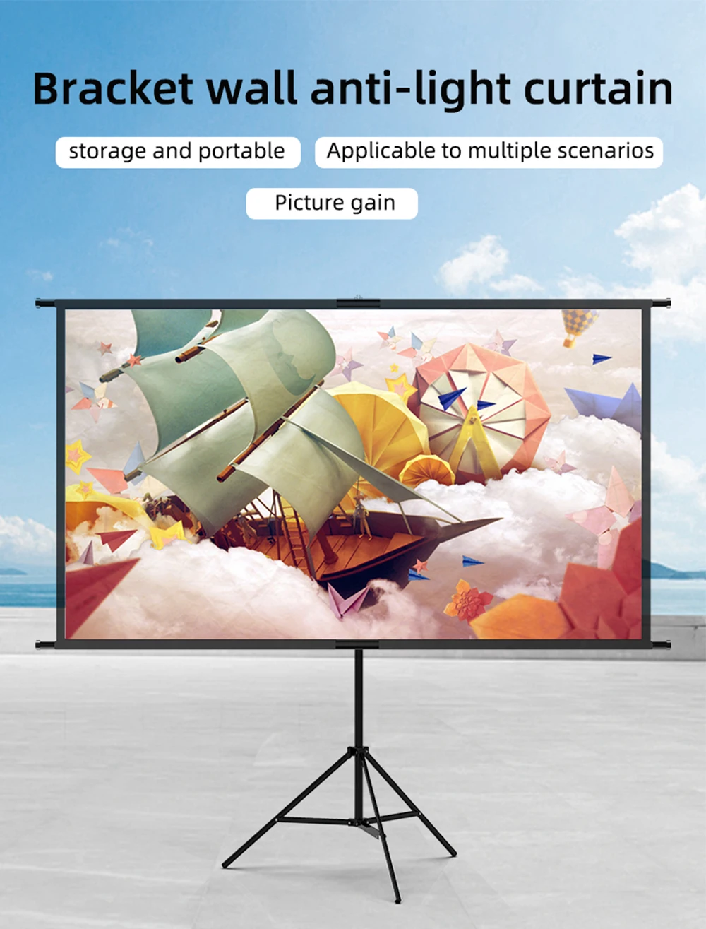 Tela de suporte triangular único de 100 polegadas. Fácil de guardar e transportar. Fácil instalação e desmontagem.