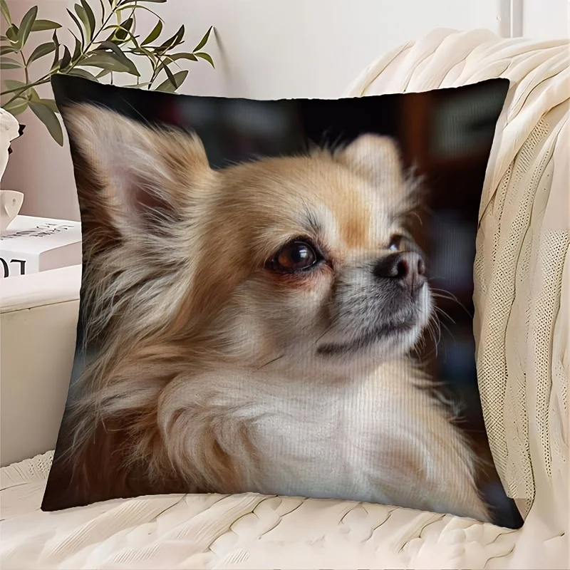 1pc Long‑Haired Chihuahua Portrait Double‑Sided Print Pillow Cover, Cushion Case for Sofa Bedroom, Insert Not Included