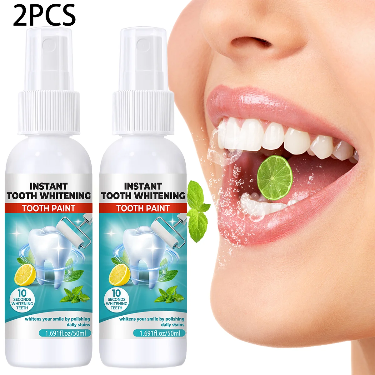 2PCS Instant Tooth Whitening Paint – 50ml 10-Second Quick Stain Removal with Mint, Xylitol & Aloe.