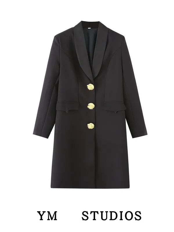 

Ele Bla Mid-Length Suit-Sle Dr with Golden Buttons High-Quali Commute Sle Long Sve Formal Dr