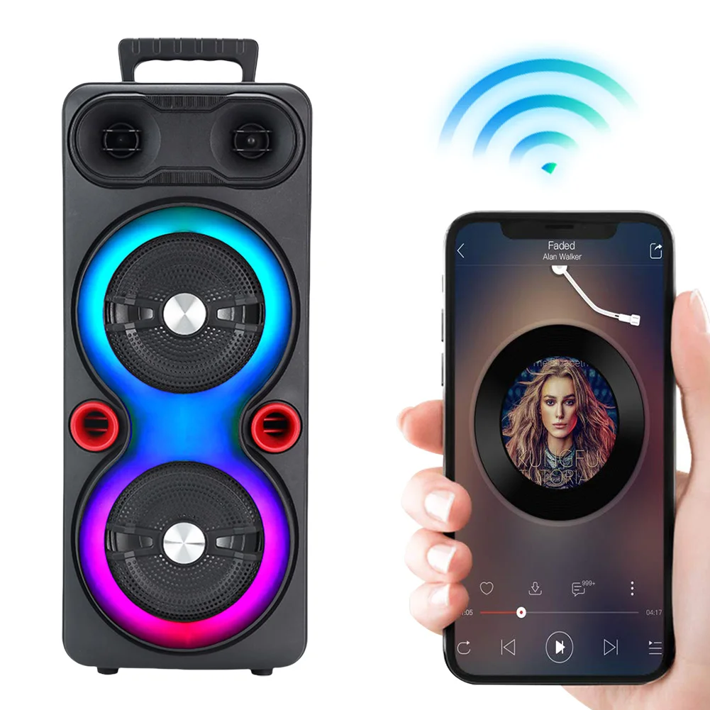 Outdoor Portable Speaker BT 5.0 6.5 Inch Stereo Subwoofer RGB Party Sound Box with Mic FM Radio Heavy Bass DJ System