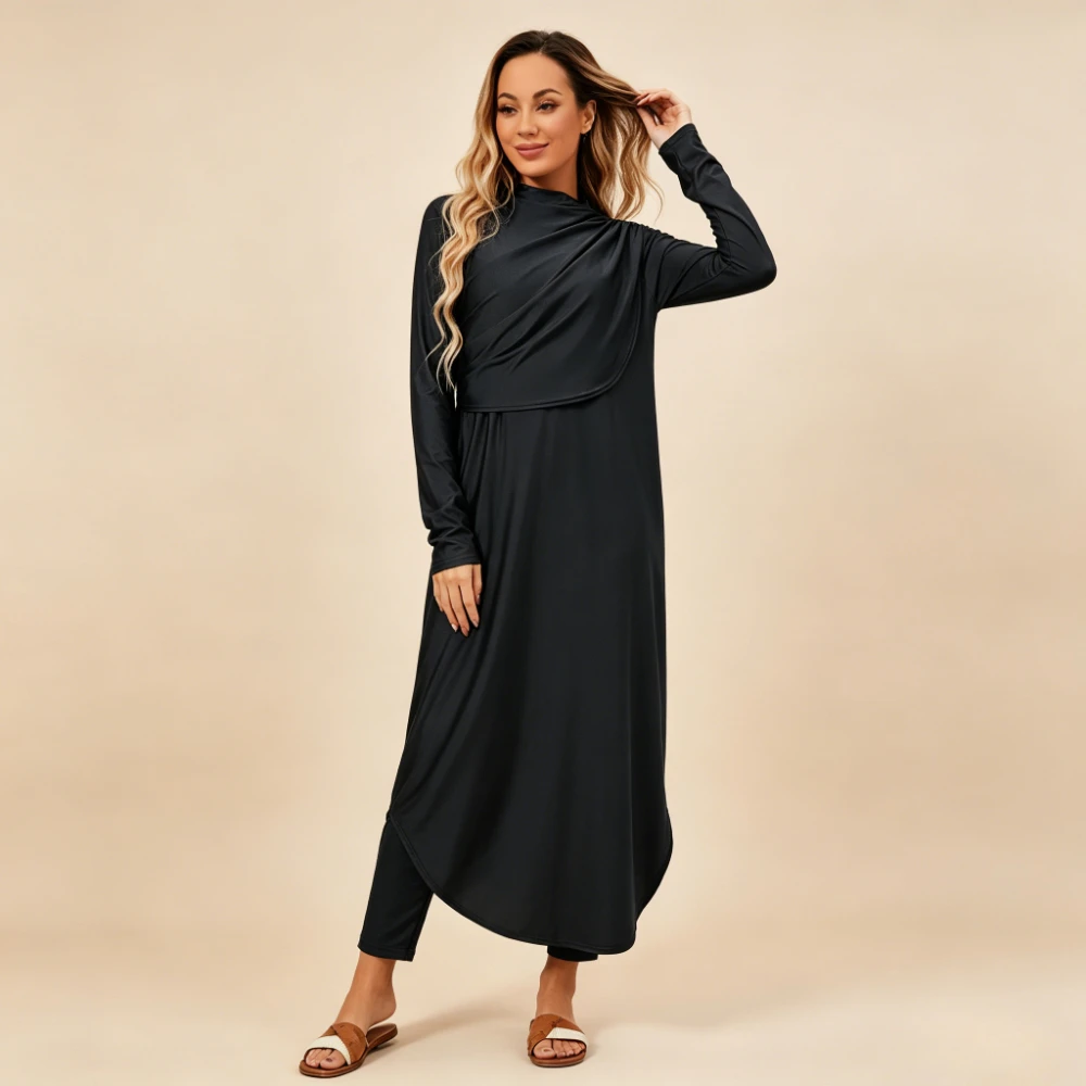 2026 New 3-Piece Draped Wrap Collar Muslim Burkini Swimsuit Side Split Long Maxi Dress Modest Full Coverage Islamic Bathing Suit