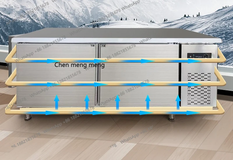 Congelador refrigerado, freezer plano, cozinha, bancada horizontal de aço inoxidável, armário de manutenção fresca, uso comercial