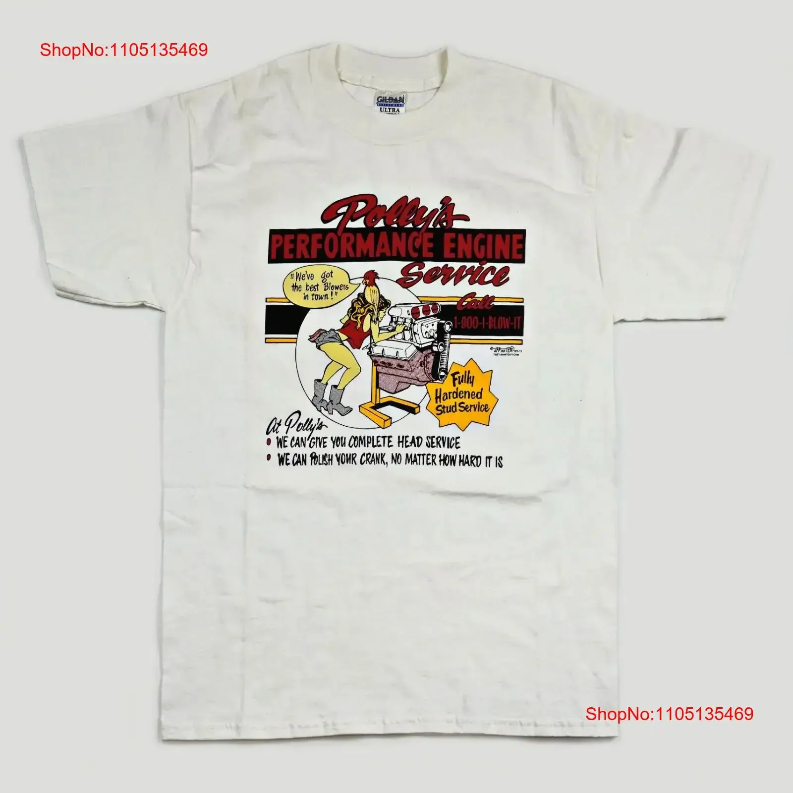 Polly's Engine Service Risque Novità Pin Up Automotive T-shirt bianca Sz M E vintage lavato moda allungata unisex casual