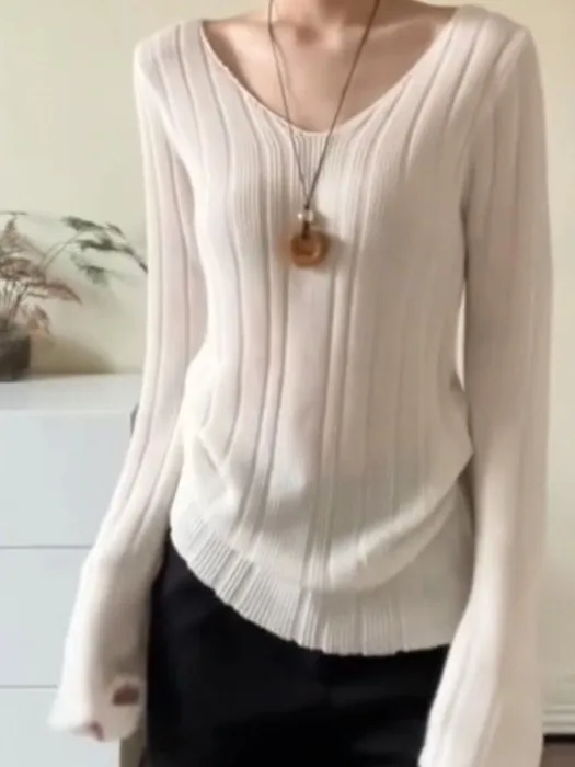 

Белый вязаный топ с V-образным вырезом и длинными рукавами для женщин, весна 2025, облегающий, высококачественный, повседневный, для ношения под одеждой, для работы