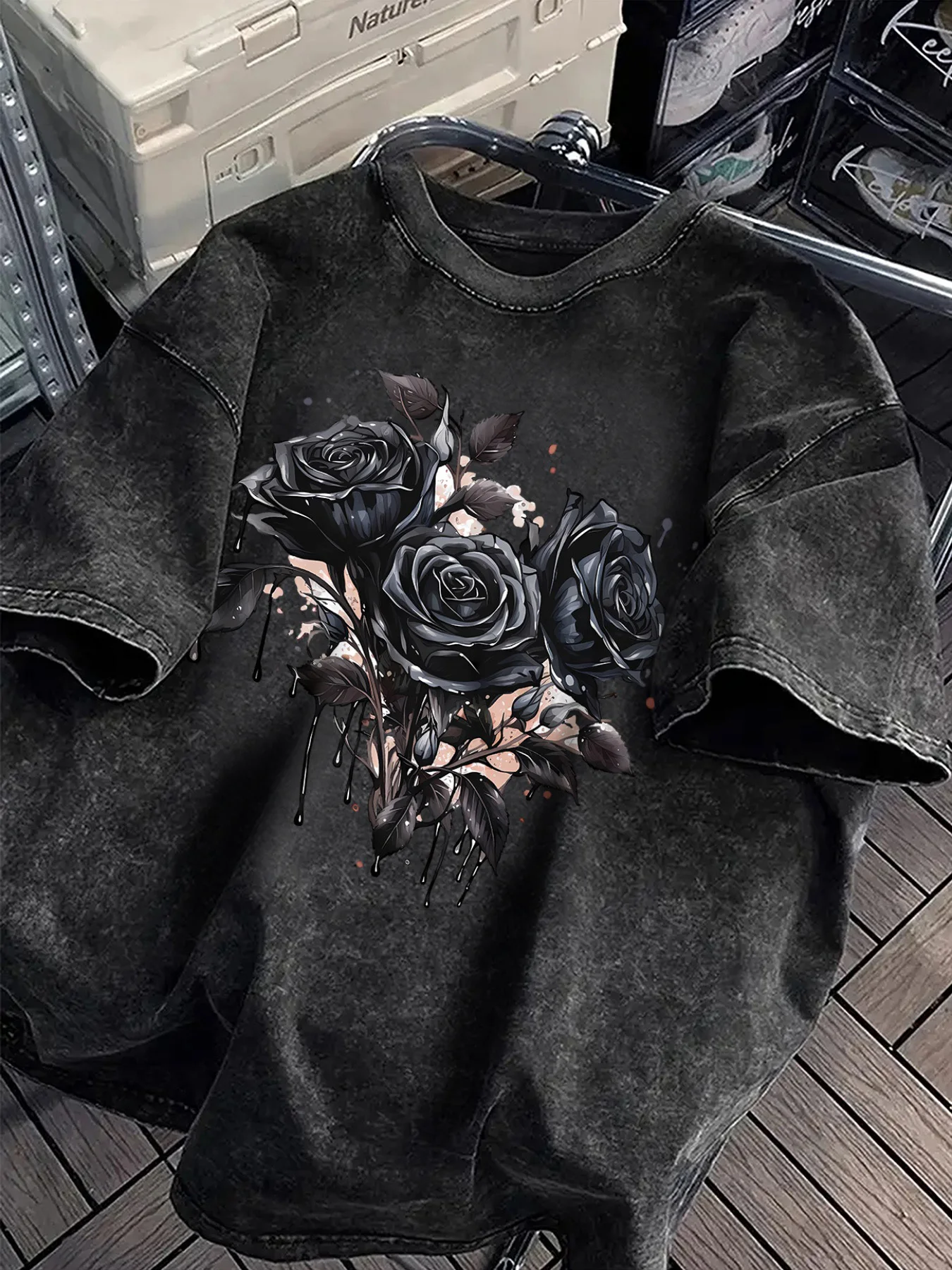 230g Washed Cotton, Black Rose Art Printed T-shirt, High-quality Wax Printed Cotton  Fashion Brand T-shirt, Men's T-shirt, Men's Autumn T-shirt, Thanksgiving Christmas Gift, Holiday Gift