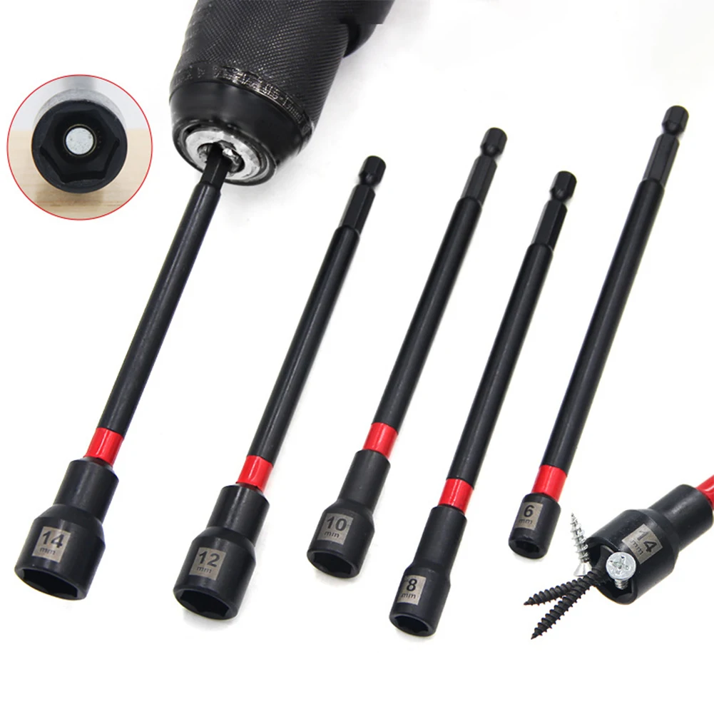 5PCS 6 Inch Magnetic Long Nut Driver 8-14mm For Impact Drill Long Shank Nut Driver Bits Hex Socket Adapter