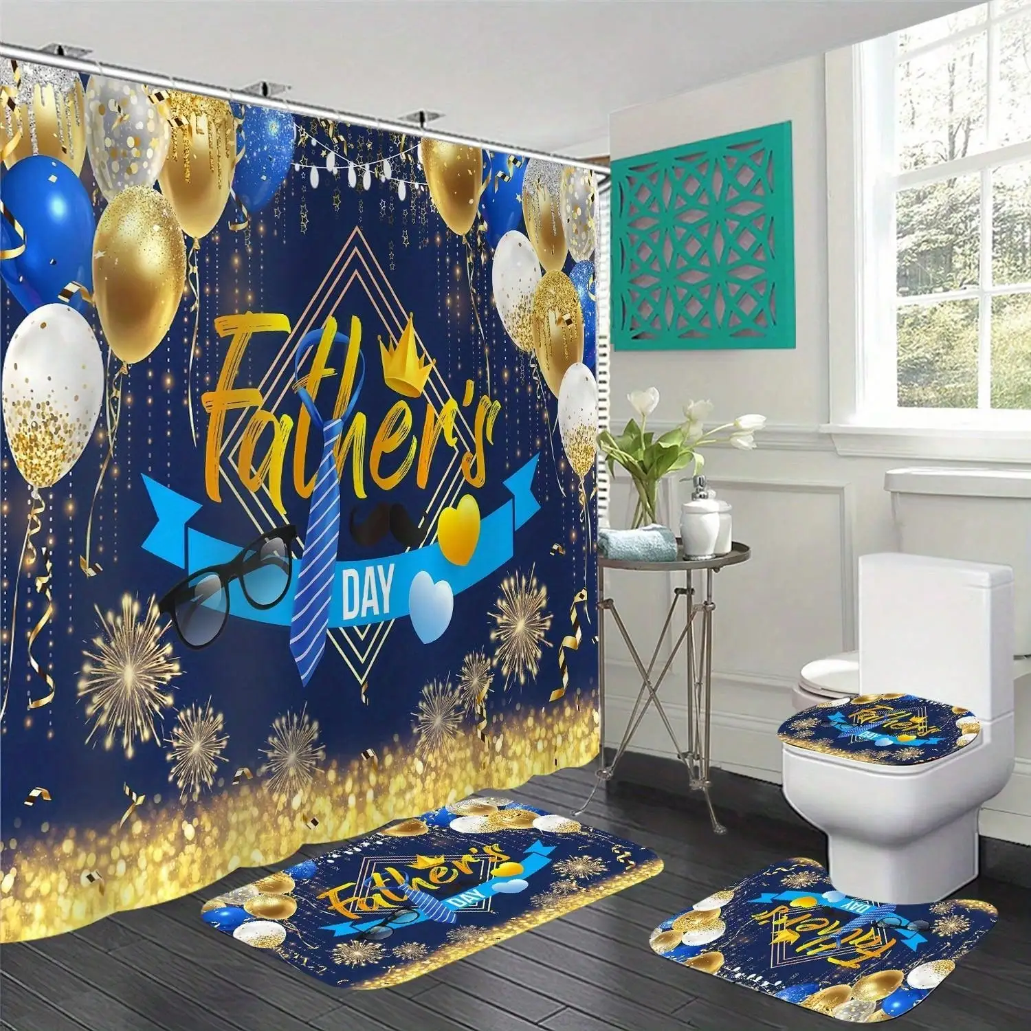 

The Curtain Measures 70.87X70.2282 Inches-2D Flat, 4pcs Non-Slip U-Shaped Shower Curtain & Toilet Lid Cover Suitable For Bath Tub, Bathtub Curtain With Hooks, Golden Blue Glass Balloon, 94in/35in Length Options For Bath Decor, Wipe- Bathroom, 2D Flat