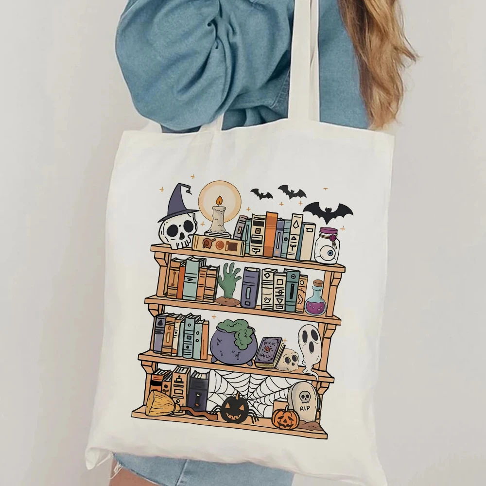 Halloween Library  Canvas Tote Bag Large Capacity Shopping Bags Ghost Books Female Shoulder Handbag Girl Handbags