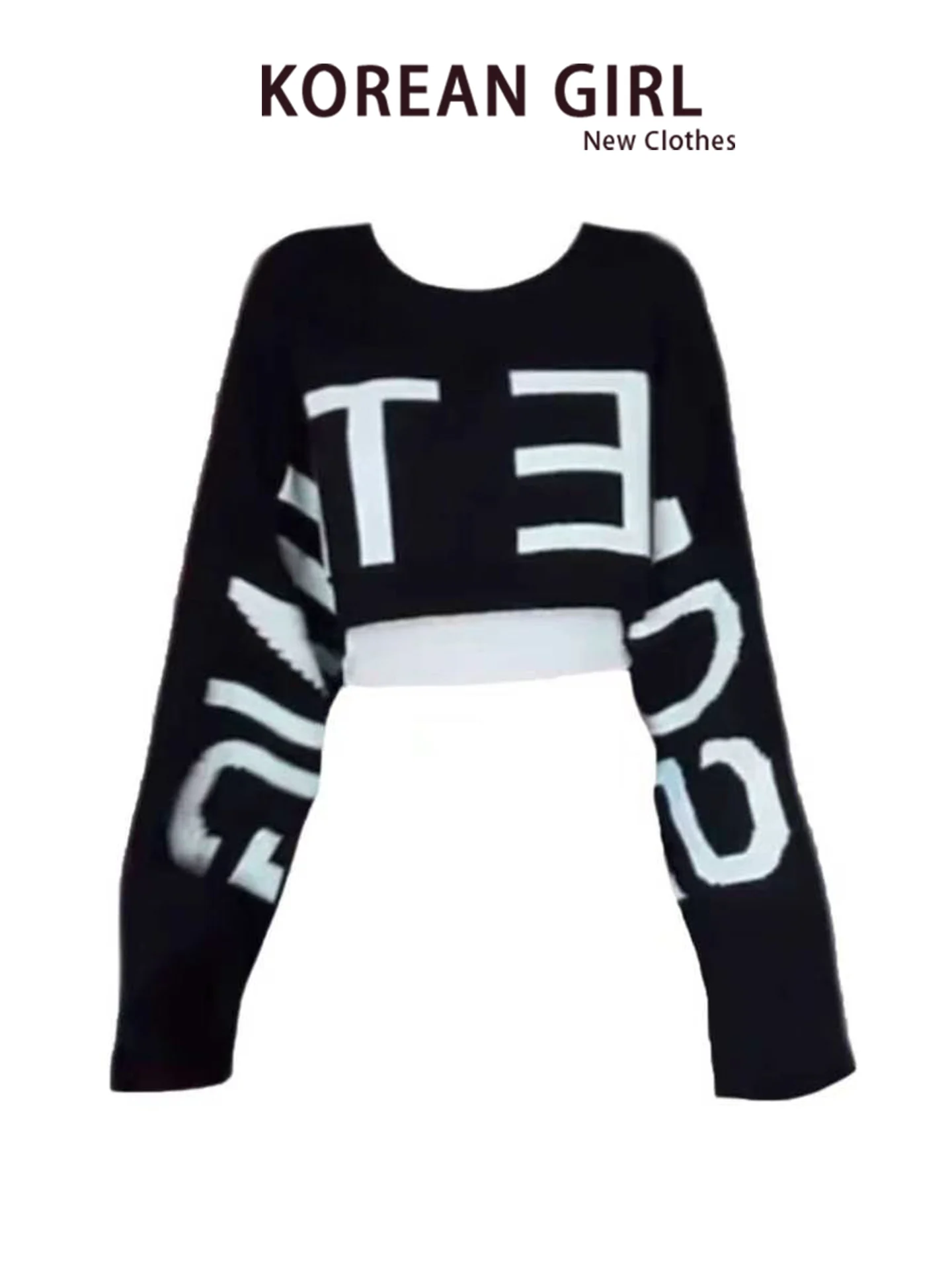 Black Short Letter Print Sweater Women's Autumn Winter Fashion Set Two Pieces Knitted Top And Bottoms Street Style Ensemble