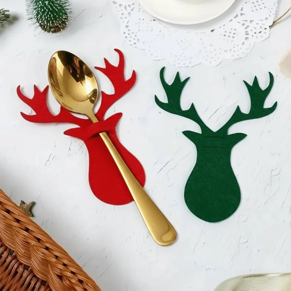 Tree or Reindeer Shape Christmas Cutlery Holders Cutlery Slot Flat Silhouette Felt Silverware Holders Red