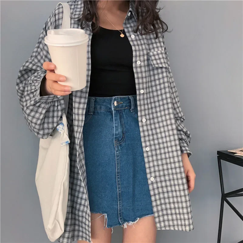 Long Sleeve Shirts Women Tops Thin Simple Casual Plaid Loose Korean Style Daily All-match Harajuku Student Womens Clothing Trend