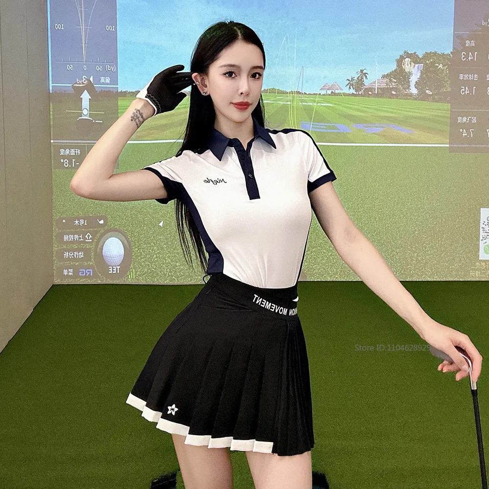 niefle-ゴルフ女性ポロシャツ半袖テニススポーツトップ通気性スリム-tシャツレディ-a-裏地プリーツスカートレジャースコート