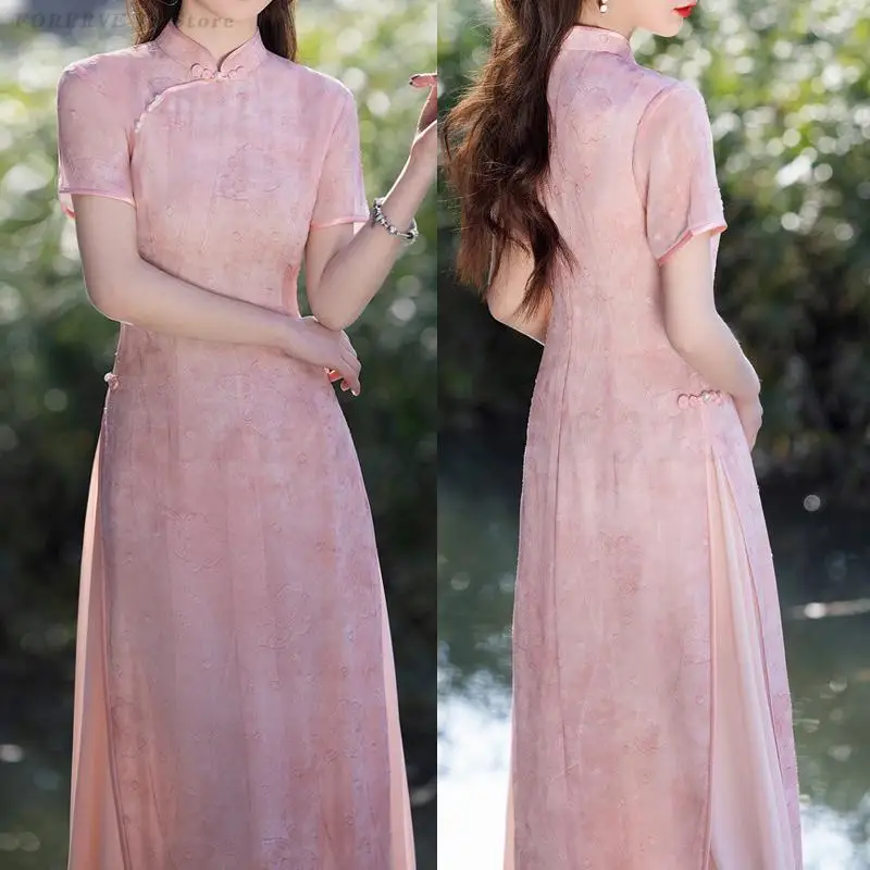 

Pink Print Floral Cheongsam Chinese Traditional Costume Sexy Ao Dai Qipao Vintage Improved Chinese Dress Women Oriental Costume