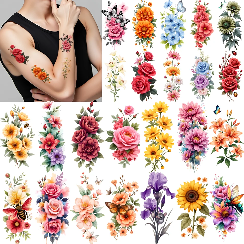 

9pcs Temporary Tattoo Lilies Colorful Floral Design Roses Temporary Tattoo Stickers Chrysanthemums For Arms Thighs