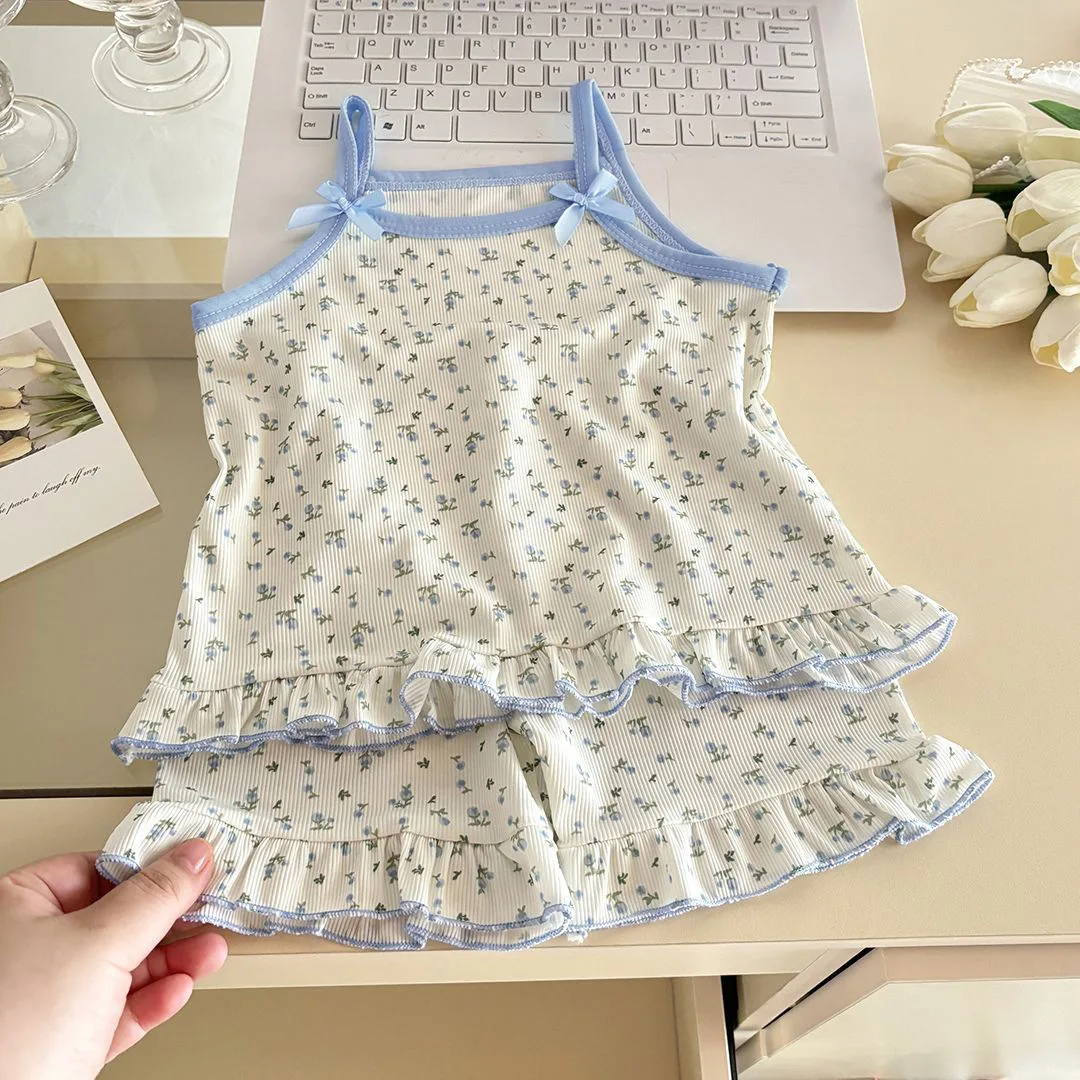 Ins Korean Style Toddler Girls Summer Pajama Set Sleeveless Bow Strap Design With Cartoon Floral Print Loose Casual Nightwear