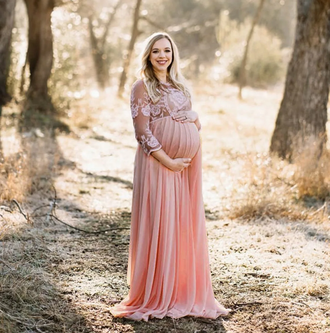 

European & American Maternity Lace Dress Sheer Chiffon Panels Floor-Length Train & 3/4 Sleeves for Pregnancy Photoshoots