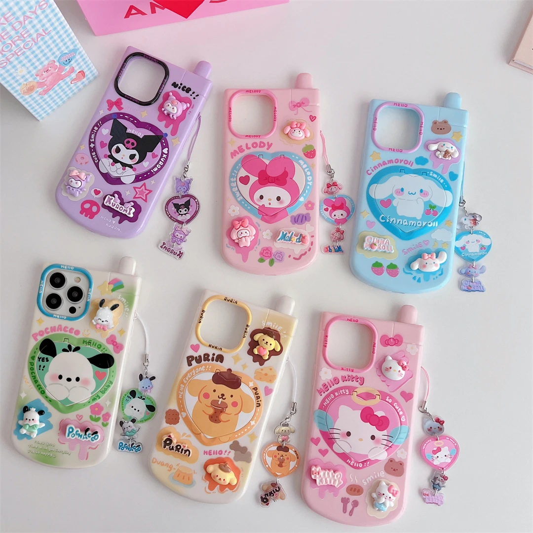 Cartoon Hello Kitty Kuromi Cinnamoroll with Mirror Telephone Phone Case for IPhone 16 15 14 13 12 11 Pro Max Anti-fall Cover