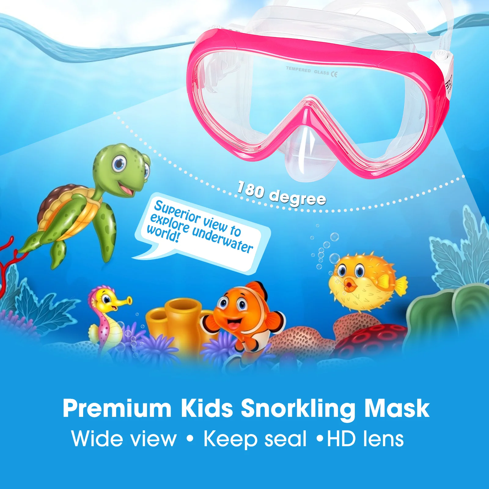 Panoramic Snorkel Mask Set for Kids, Anti-Fog Youth Scuba Diving Mask, Tempered Glasses, Swim Mask, Dry Top Snorkel for Kids