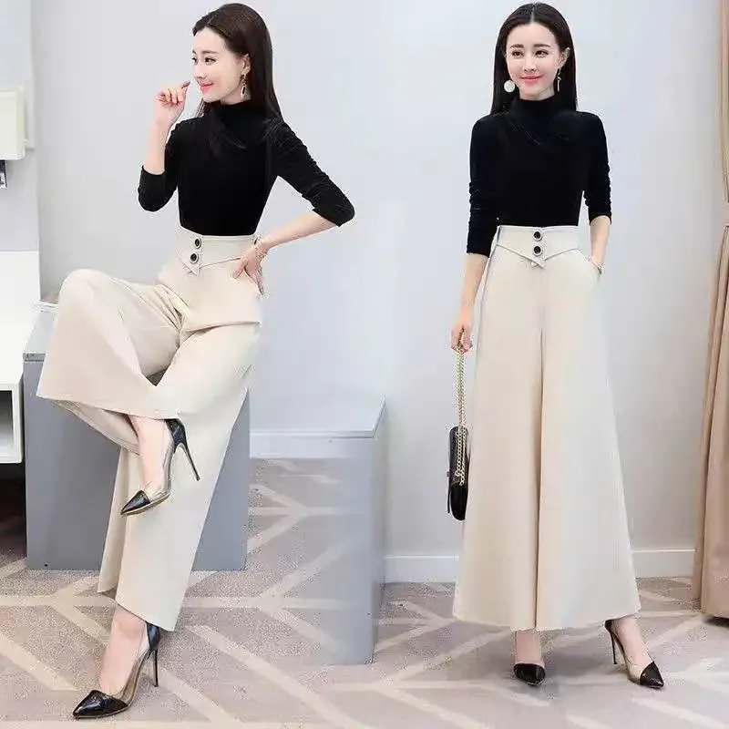 2023 Chiffon Culottes High Waist Long Trousers Women Spring Summer Large Size Wide Leg Pants Casual Palazzo Straight Pant Female