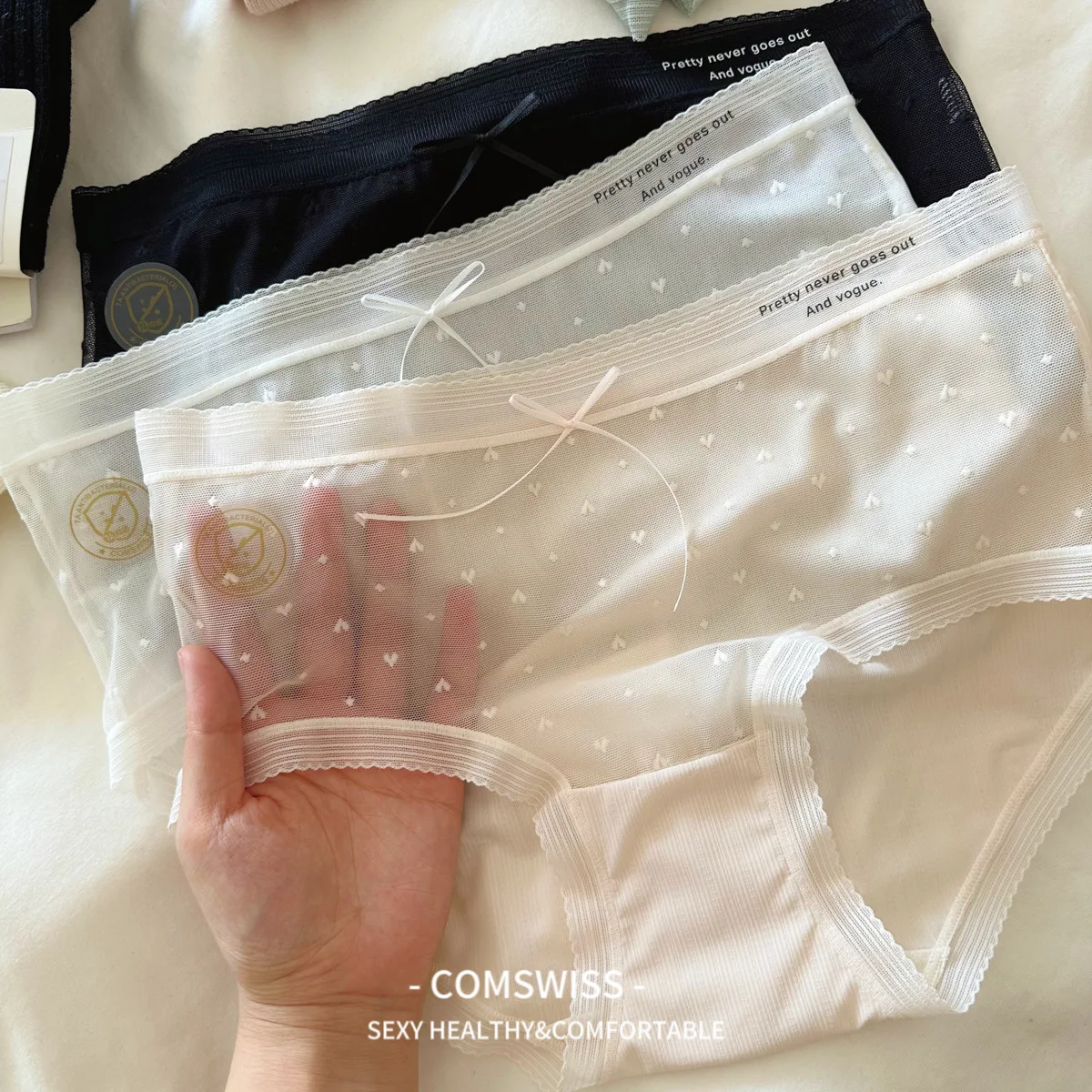 

Сексуальные кружевные сетчатые трусики для женщин, летнее нижнее белье из антибактериального шелка 7A со средней посадкой, тонкие женские трусики N8501