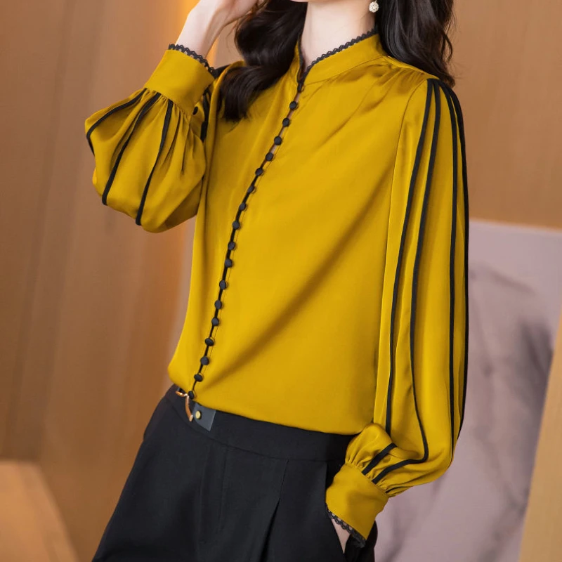 Camisa de seda auténtica para primavera y otoño, blusa de manga larga con cuello redondo, ropa informal elegante de estilo coreano, color amarillo y