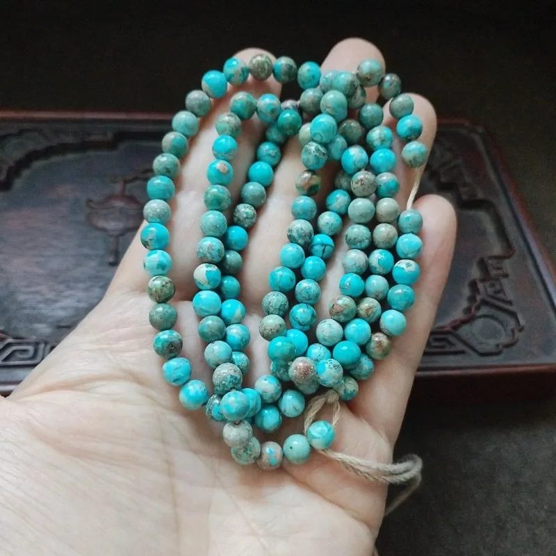 Vintage Patina Ethnic Style Turquoise Round Bead Necklace Sweater Chain 6.5Mm Beads