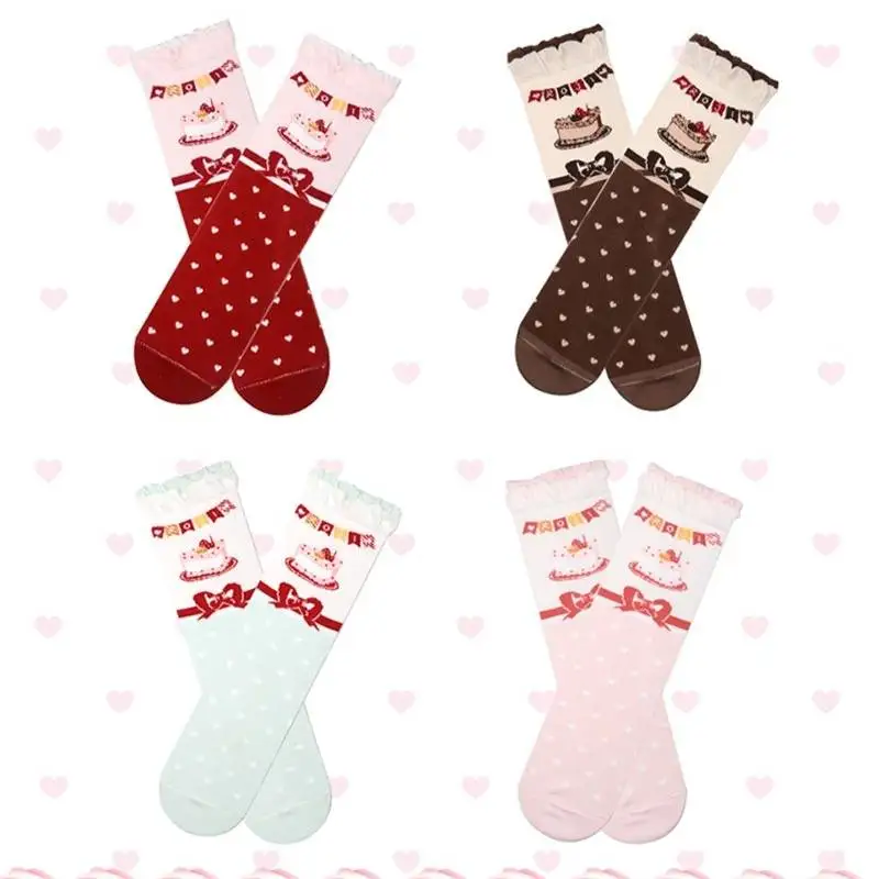 Sweet Cake Heart‑dot Print Mid‑Calf Socks Women Ruffle Bow Kawaii Lolita Calf‑Length Hosiery Harajuku Y2K Cute Multi‑color Socks
