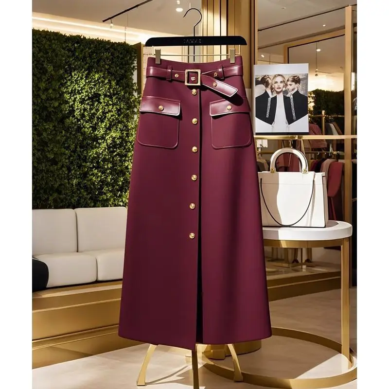 New Fashion Slim Office Lady Skirt Women Autumn High Waist Pockets Single Breasted A-line Elegant Skirts With Belt Oversized