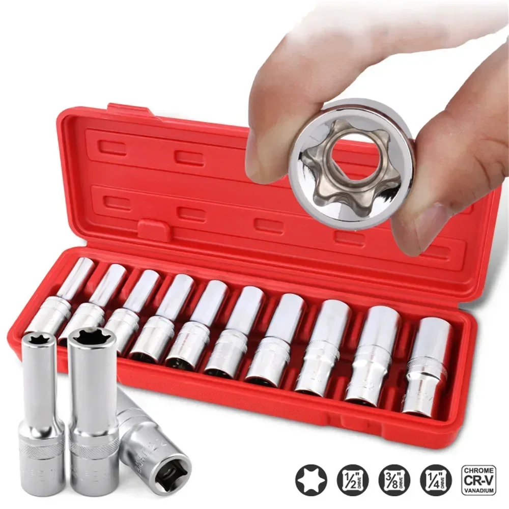 

E Torx Star Female Bit Sockets Set 9/10/14/17Pcs 1/2" 3/8" 1/4" Drive E4-E24 Repair Tool Socket Wrench Head Sleeve Hand Tool Kit