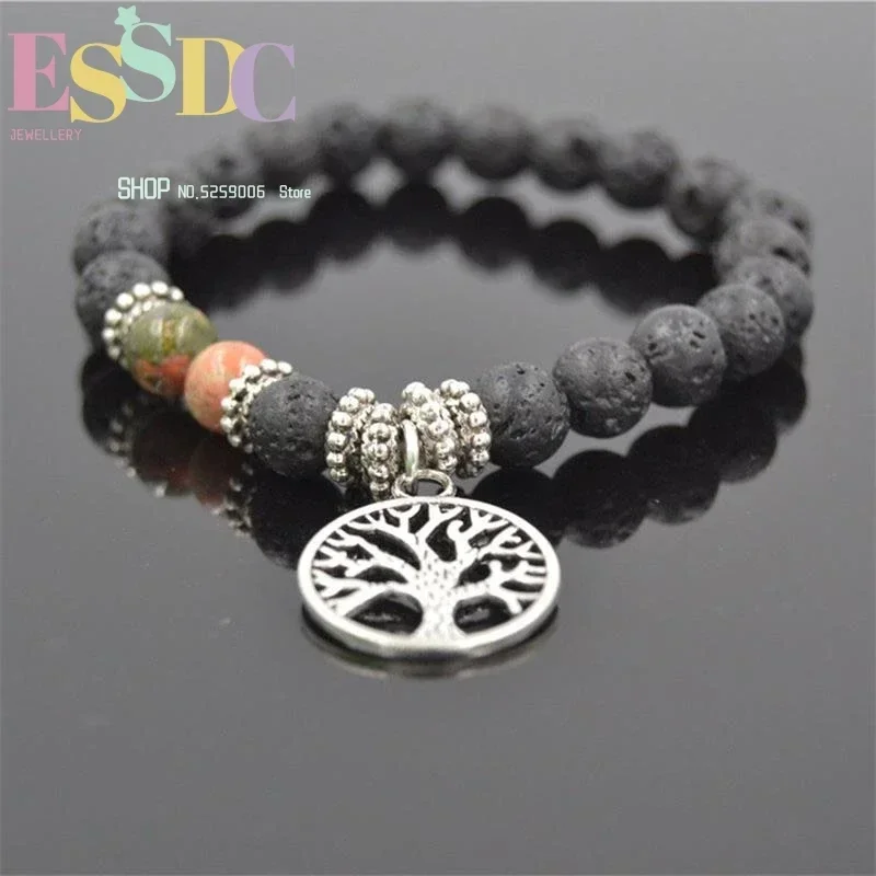 8mm Natural Black Lava Bracelet Resist Fatigue Energy Stone Healing  Tree of Life Pendant Yoga Jewelry For Men or Women