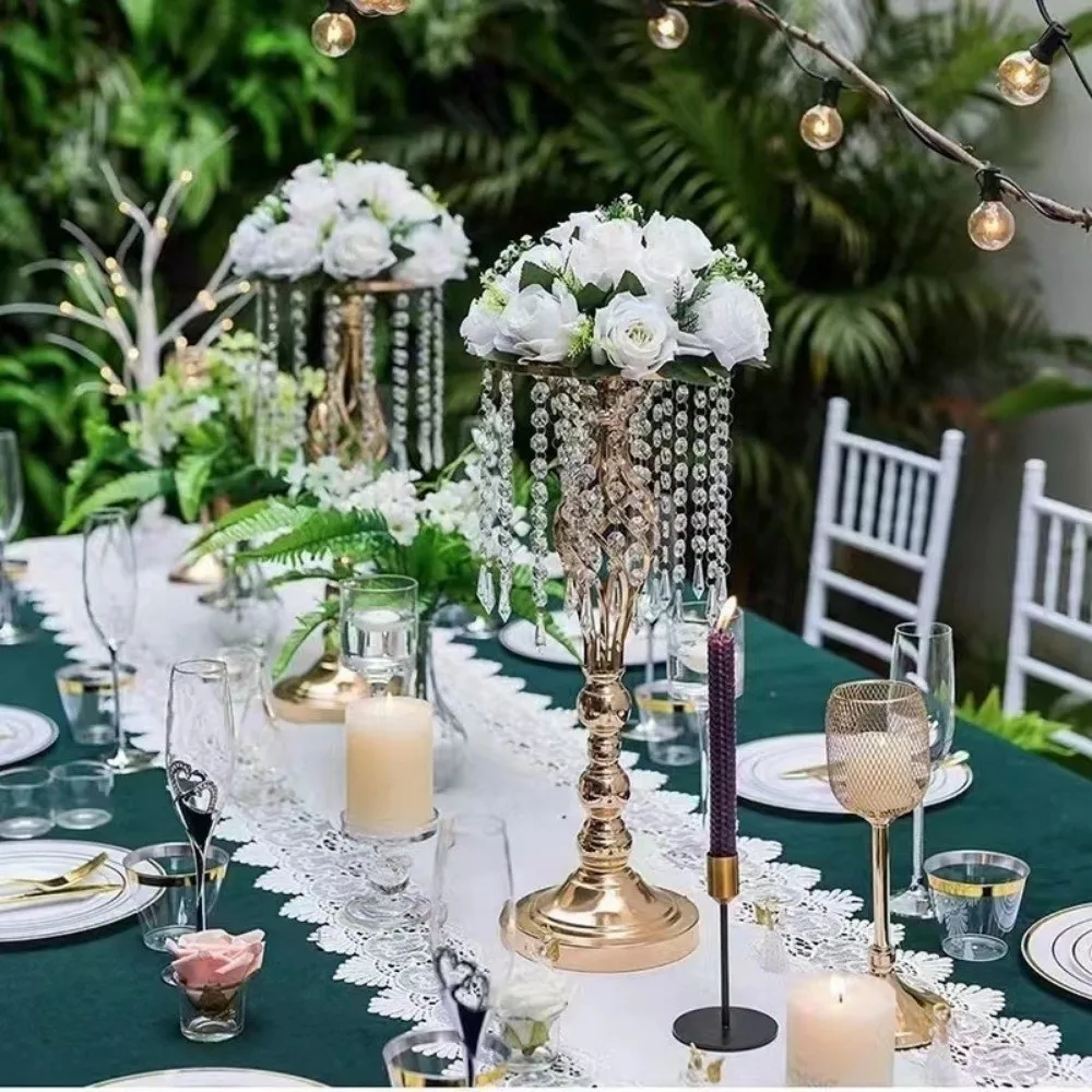 Retro Crystal Candle Holder Golden Flower Vase Dinner Candlesticks for Wedding Event Decoration