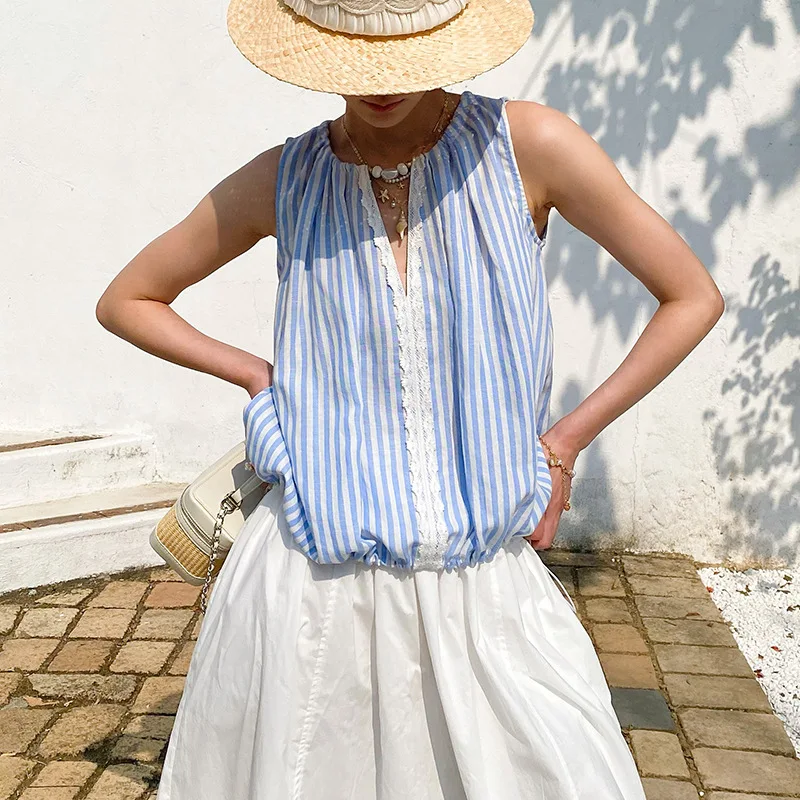 

Summer Blue White Striped Blouse Tank Shirt Women Linen Sleeveless V Neck Vacation Style Casual Ladies Fashion Blouse Tops New